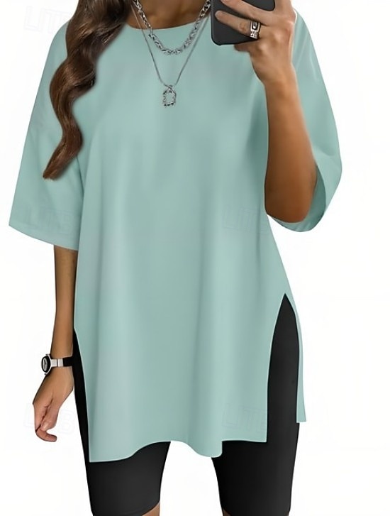 Dames T-shirt Zijsplit Effen Kleur Grafisch Modieus Klassiek Casual Korte mouw Strakke ronde hals Ronde hals Lange tops Dagelijks Uitgaan blauw Zwart Wit Lichtgroen Blozend Roze Zomer Lente 2026 - $21.99 –P8