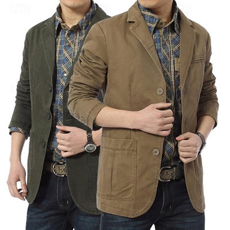 Herren Blazerjacke Lässig Täglich Outdoor Vintage Lässig Sommer Frühling Baumwolle Einfarbig Button-Down Thermowarm Einreihig Blazer Schwarz Kaki Armeegrün 2026 - $37.99 –P2