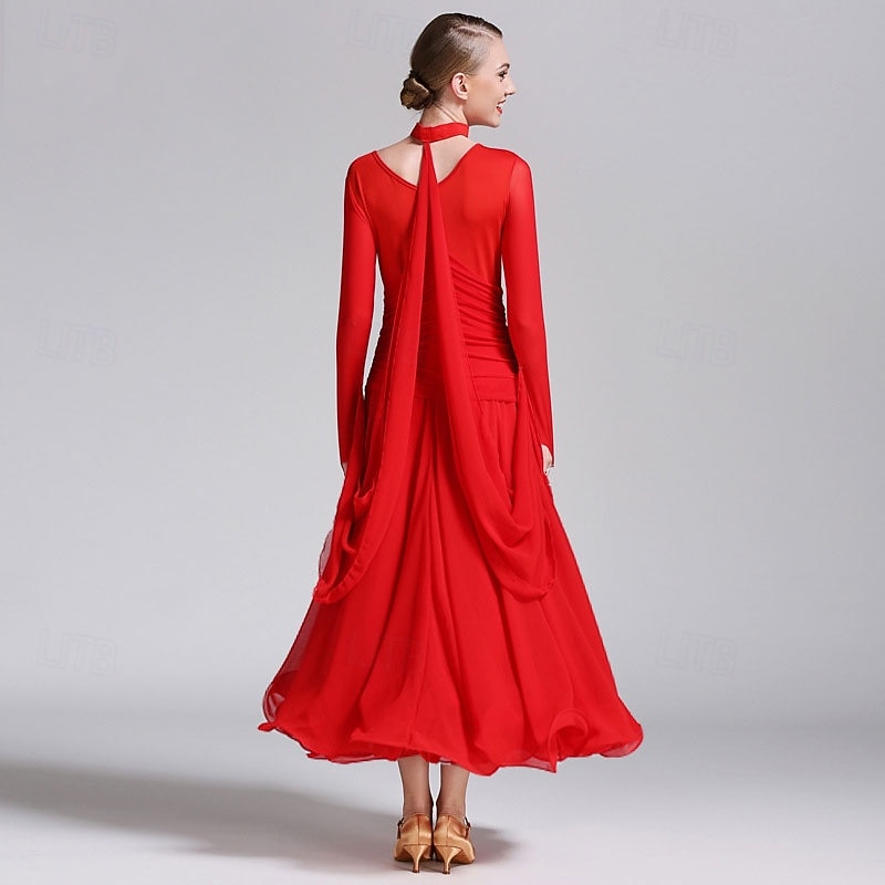 Vestido de baile de salón rojo para mujer, cuello en V, cintura fruncida, manga larga, vestido de vals, traje de competición estándar moderno. 2026 - $123.99 –P4