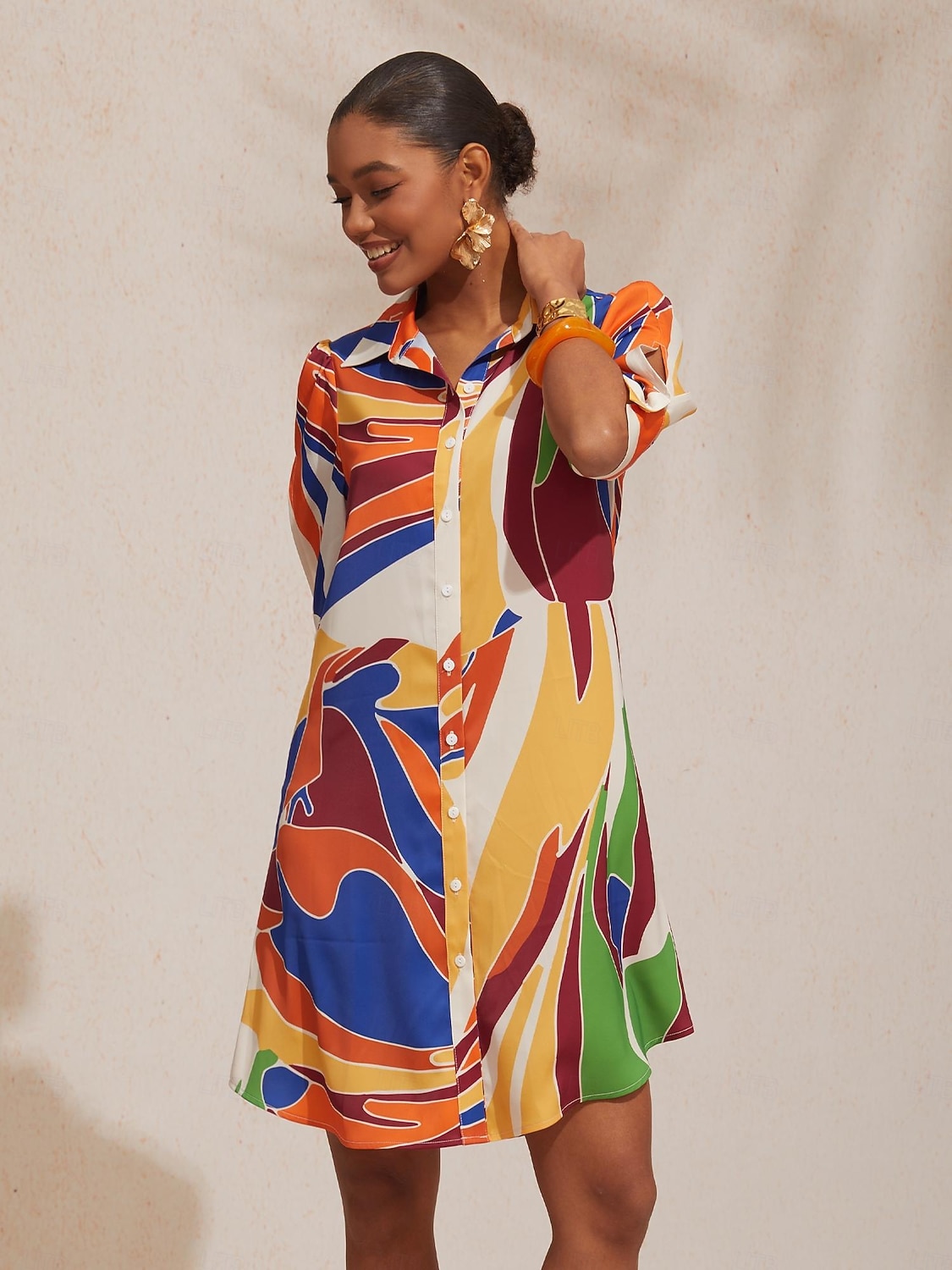 платье-рубашка из прямого атласа с геометрическим узором в стиле цветовых блоков для отпуска 2026 - $91.99 –P6