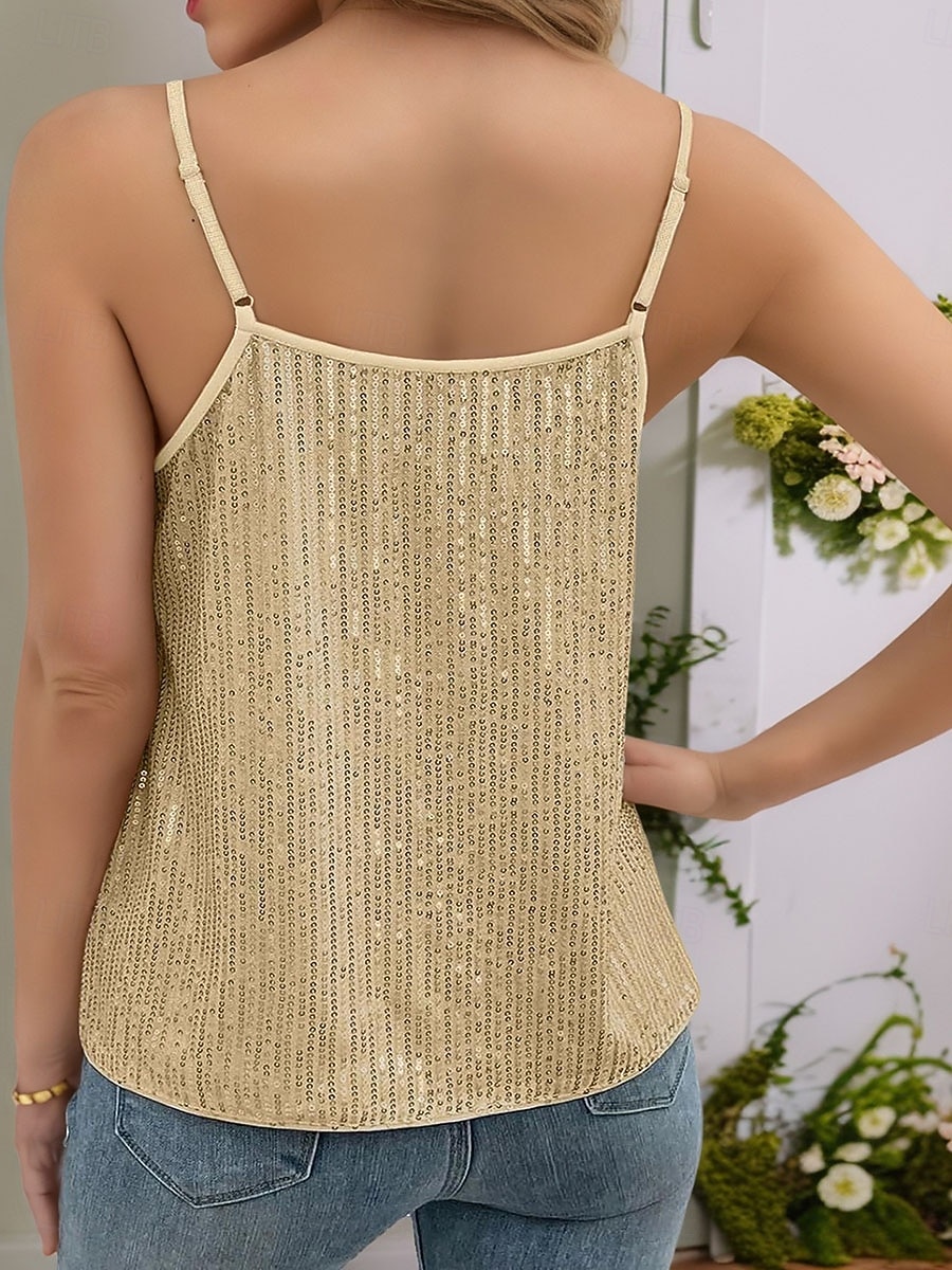 Women's Blouse Sequin Tops Camisole Tank Top Sequins Patchwork Plain Vintage Stylish Sexy Sleeveless V Neck Regular Tops Daily Holiday Going out Black White Champagne Wine Apricot Summer Spring 2026 - $24.99 –P2