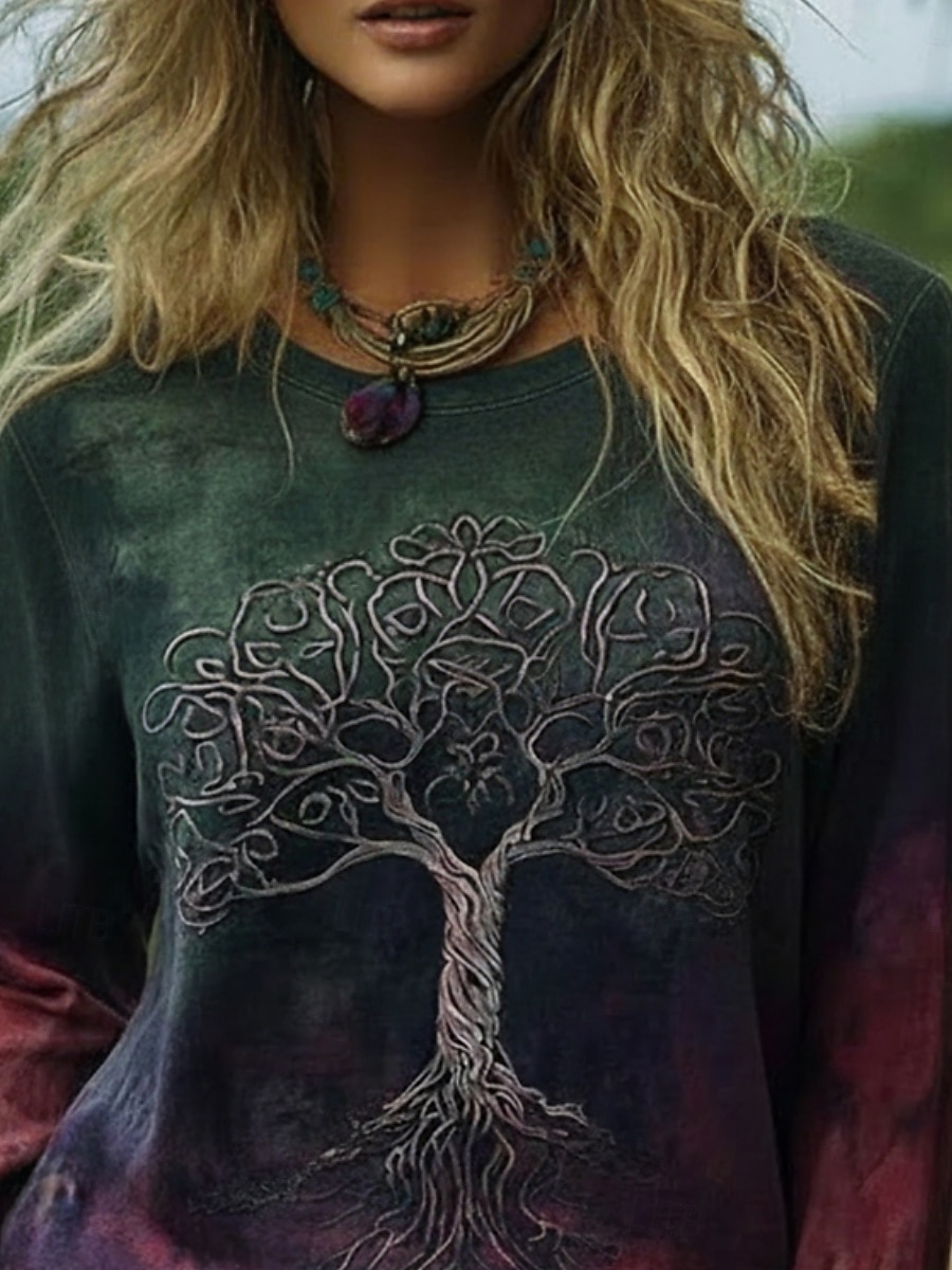 Dam Boho skjorta T-shirt Mönster Grafisk bohemliv Vintage Ledigt Långärmad Rund hals Vanliga toppar Dagligen Helgen Semesterkläder Grön Sommar Vår Höst 2026 - $19.99 –P3