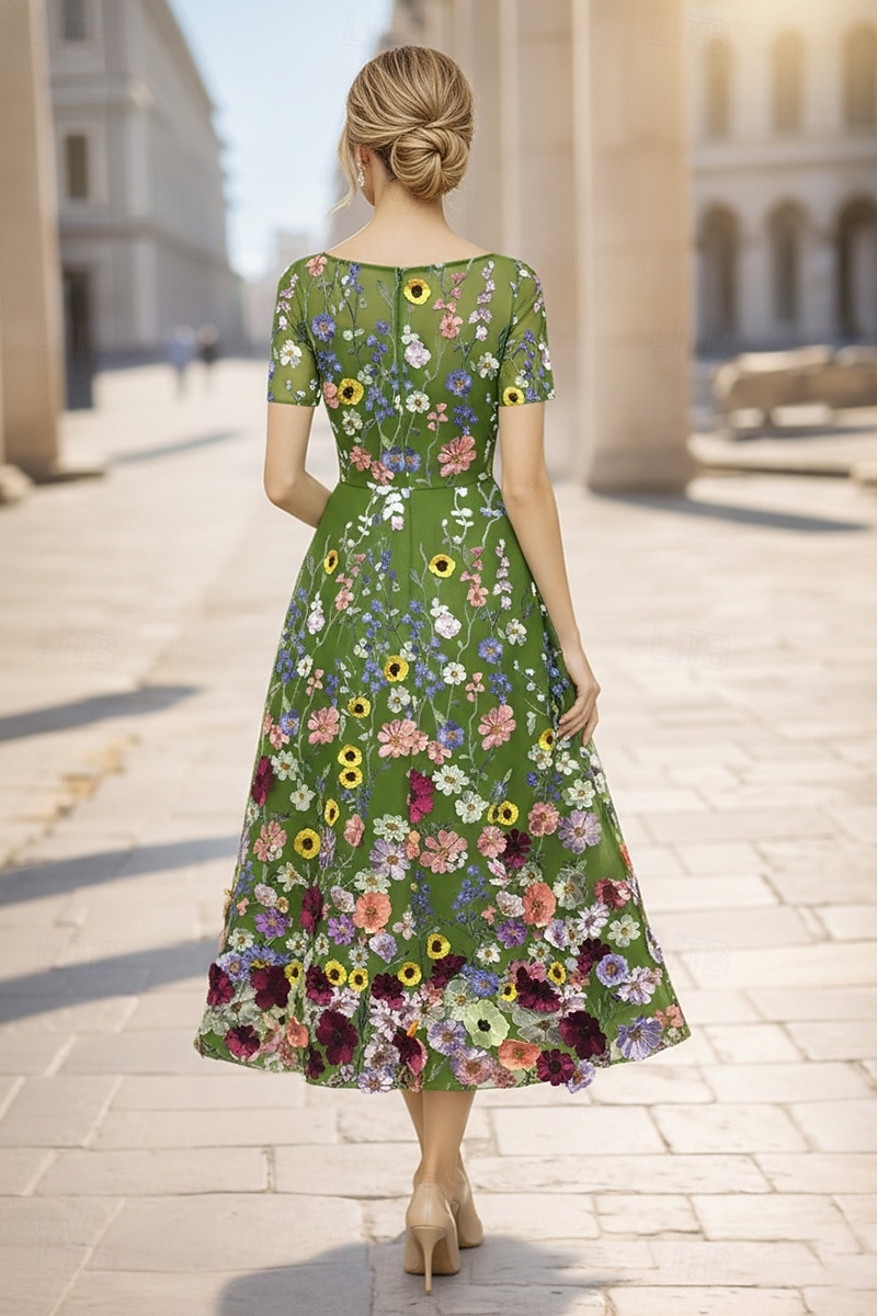 А-силуэт До щиколотки Ниже колена коктейльные платья Элегантный стиль С цветами С короткими рукавами Вырез лодочкой Свадьба Официальные Кружева с Вышивка Аппликации 2026 - $185.99 –P3