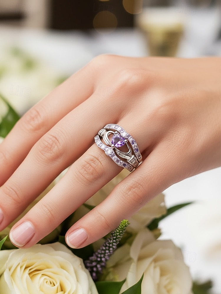 Damesringenset met 3-in-1 hartvormige amethist, gemaakt van legering, verkrijgbaar in meerdere kleuren, elegant ontwerp voor bruiloften, Valentijnsdag en feestjes. 2026 - $11.99 –P1
