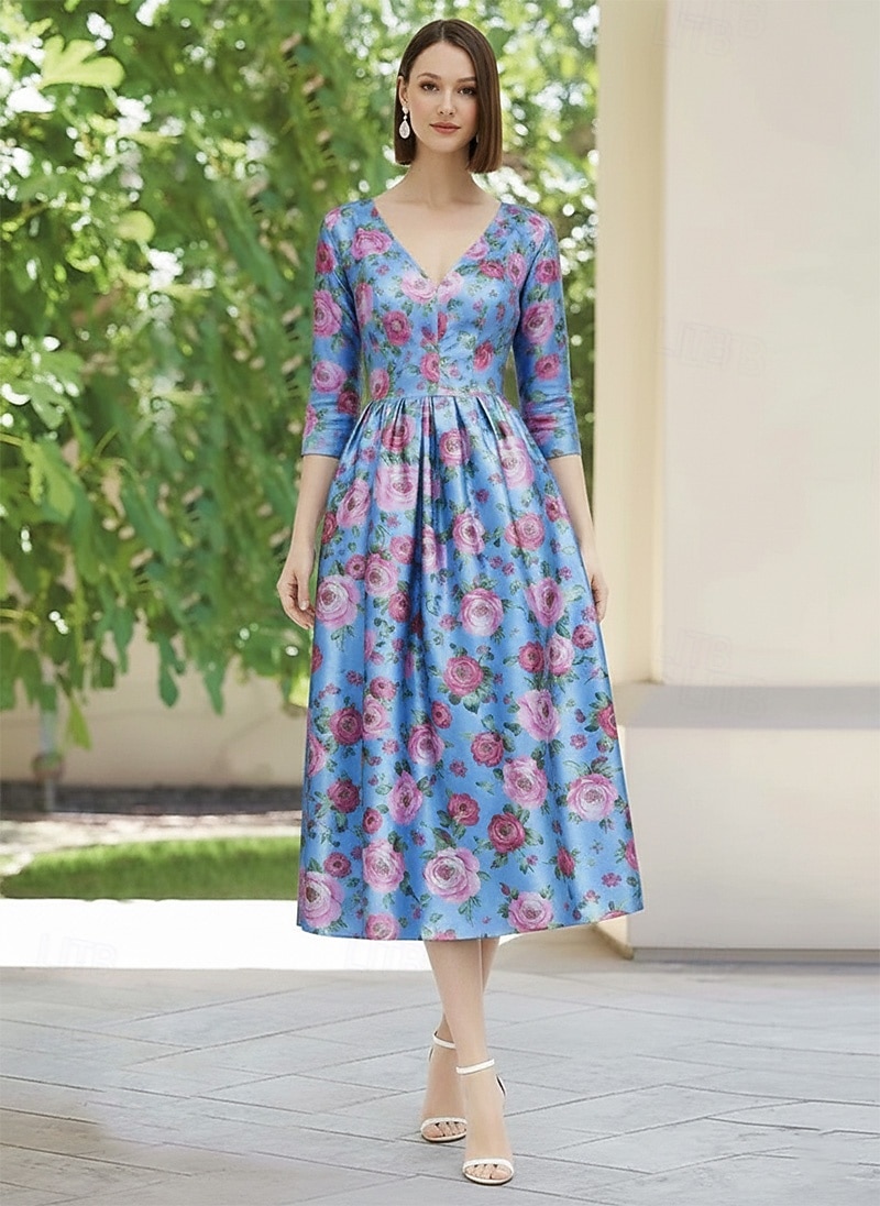 Linha A Longuette Vestido Coquetel Vestido de convidada de casamento Vestido Para Mãe dos Noivos Manga 3/4 Decote V Elegante Simples Casual Formal Cetim Elástico com Pregas Estampado de 2026 por $194.99 –P3