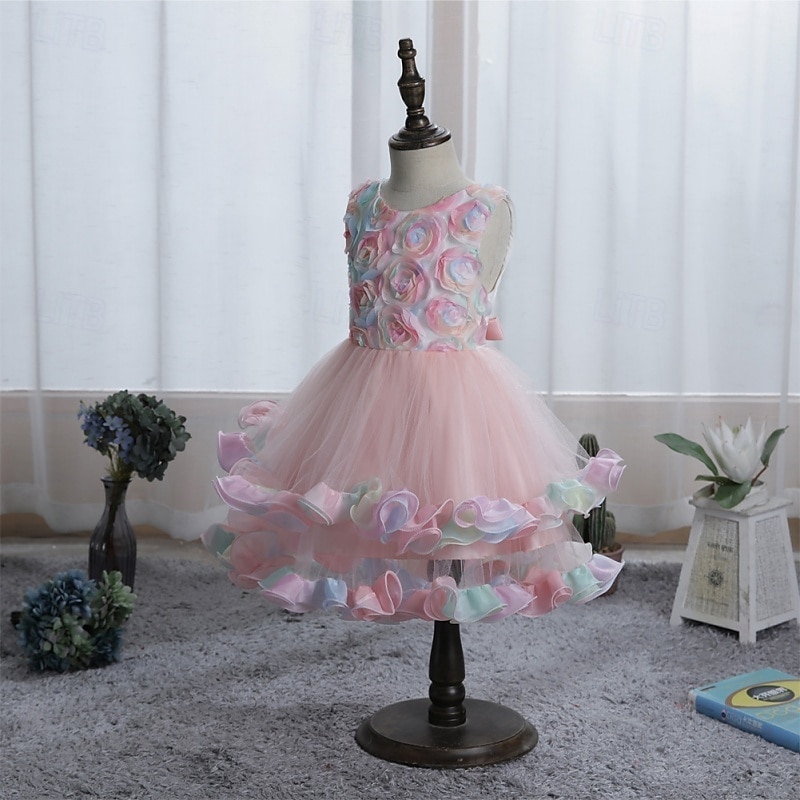 Flower Girl Dress Girls' Formal Dress Wedding Attire Party Wedding Formal Elegant Fashion Adorable Mesh Floral Sleeveless Crew Neck Blue Pink 4 years+ 2026 - $36.99 –P8