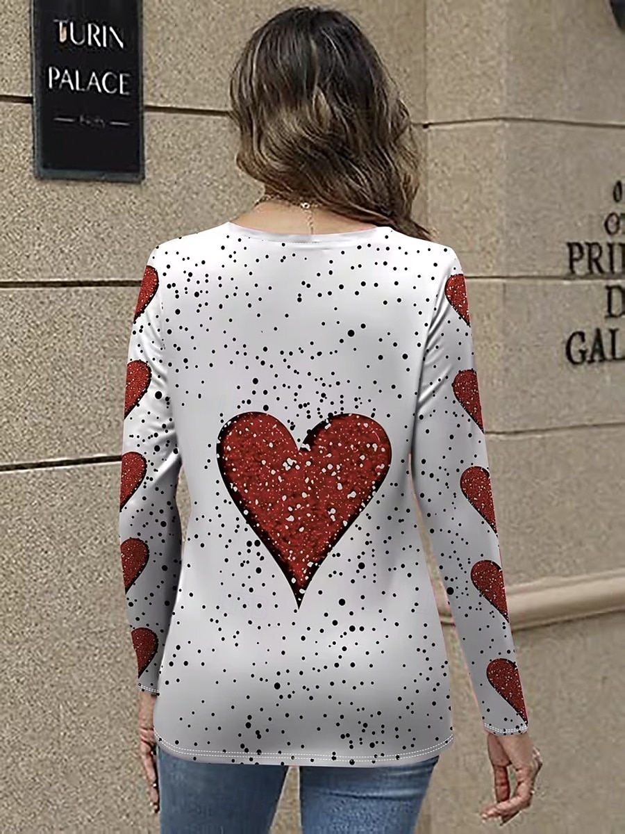 Valentinstag Damen T Shirt Ausschnitt Druck Herz Grafik Vintage Stilvoll Klassisch Langarm V Ausschnitt Normale Oberteile Täglich Weiß Frühling Herbst 2026 - $24.99 –P2