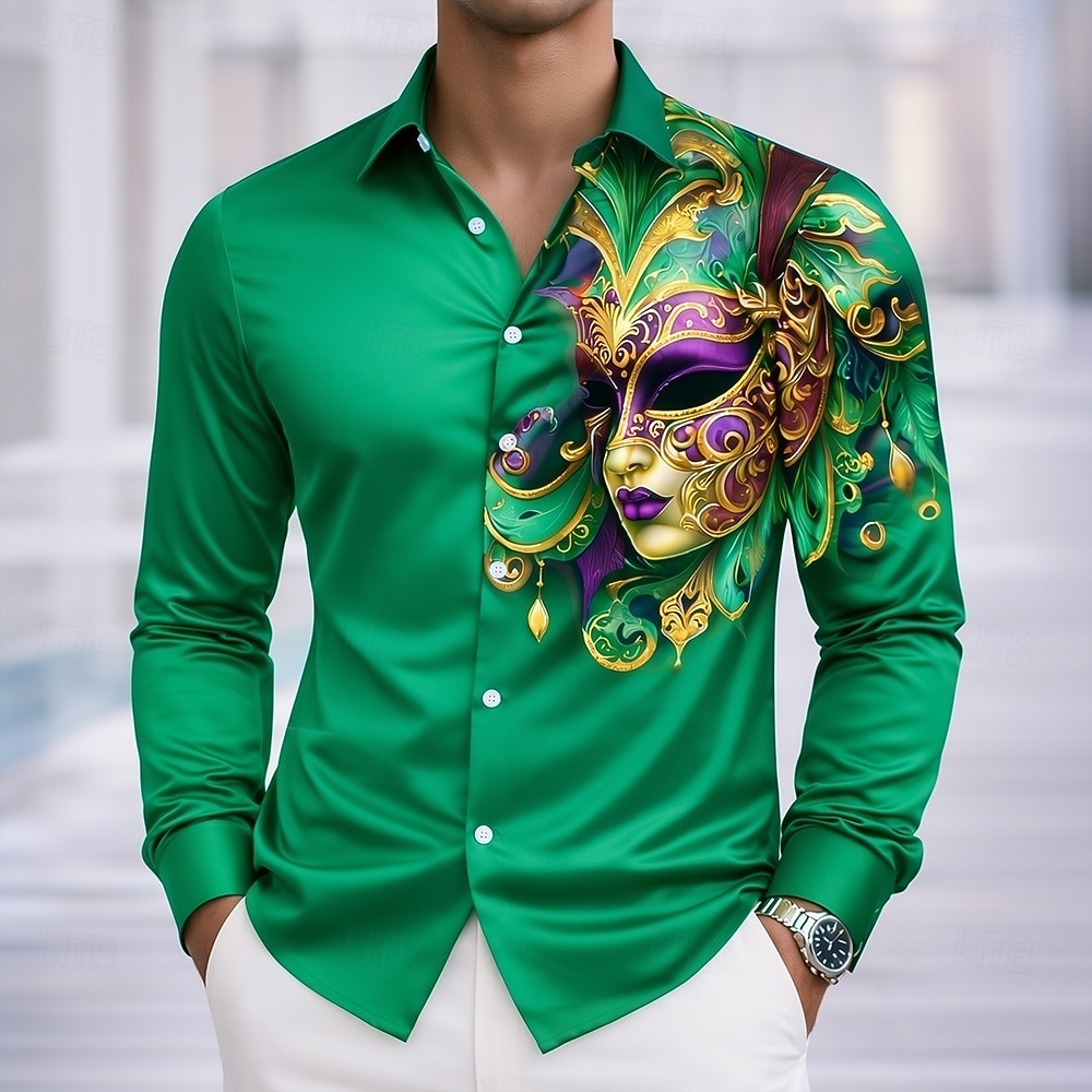 Martedì grasso Per uomo Carnevale Maschera con piume Camicia Camicia in raso Camicia elegante Manica Lunga Moda Casual Feste Ferie Estate Primavera Collo ripiegato Stampa 3D Camicie con bottoni Viola del 2026 a $29.99 –P2