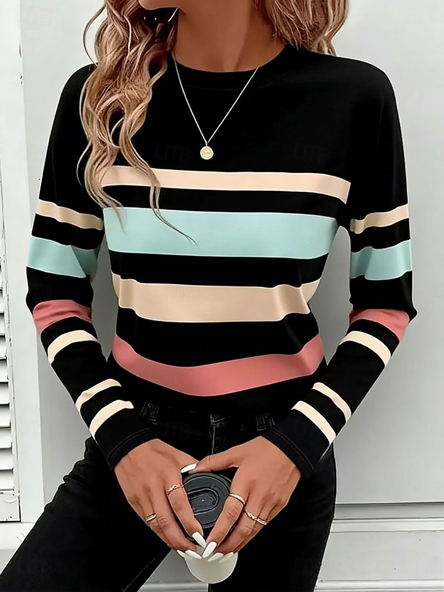 Damskie Podkoszulek Kolorowy blok Nadruk Graficzny Geometryczny Moda Elegancki Klasyczny Długi rękaw Półgolf Zwykłe topy Codzienny Niebieski Czarny Zielony Lato Wiosna 2026 - $24.99 –P4