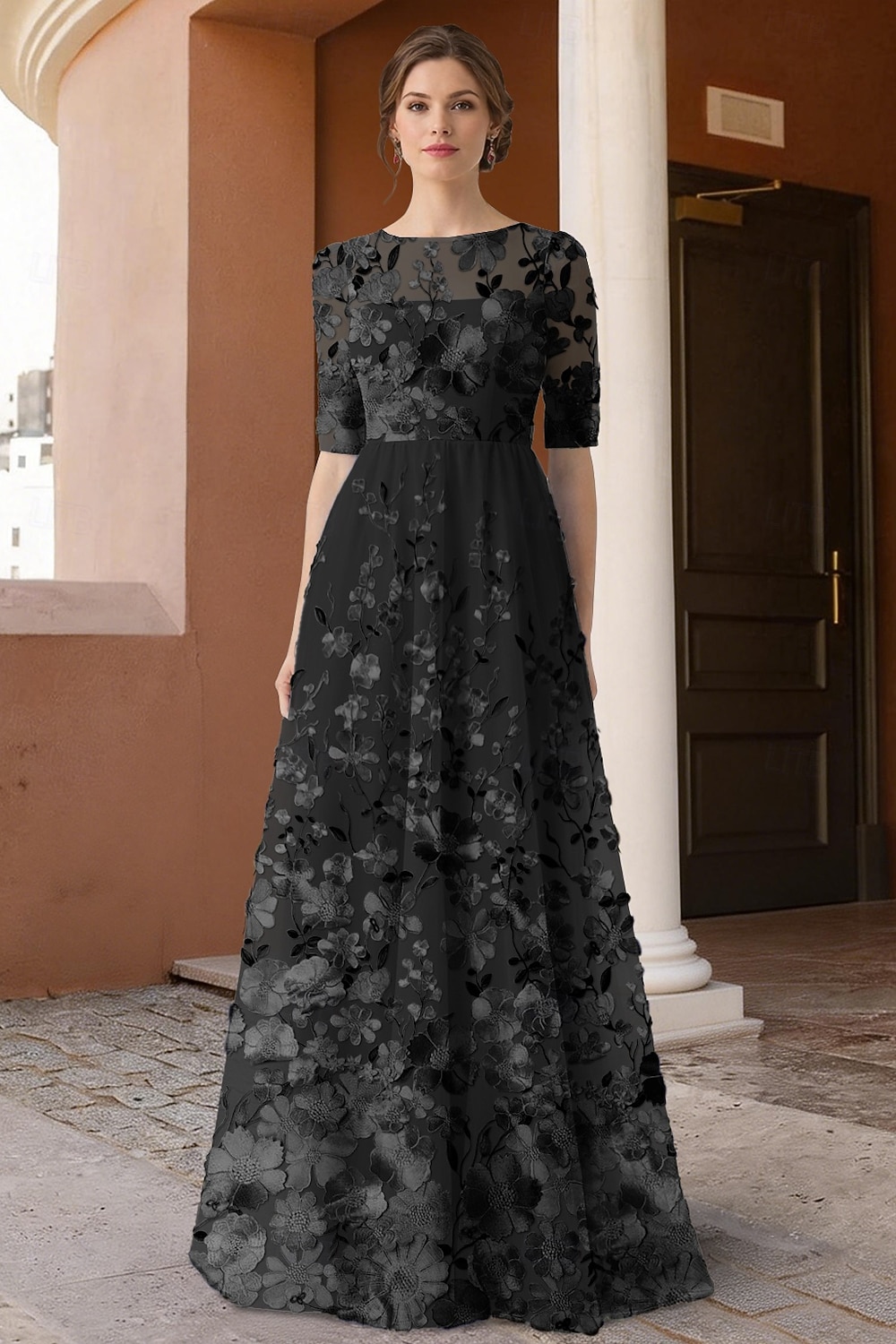 A-linje Kjoler Gulvlengde Festkjole Cocktail Kjole Gjestekjole til bryllup Kjole til brudens mor Halvlange ermer Crew-hals Illusjon Hals Elegant Årgang Formell Blonder Tyll med 3D-blomster Broderi 2026 - $178.99 –P5