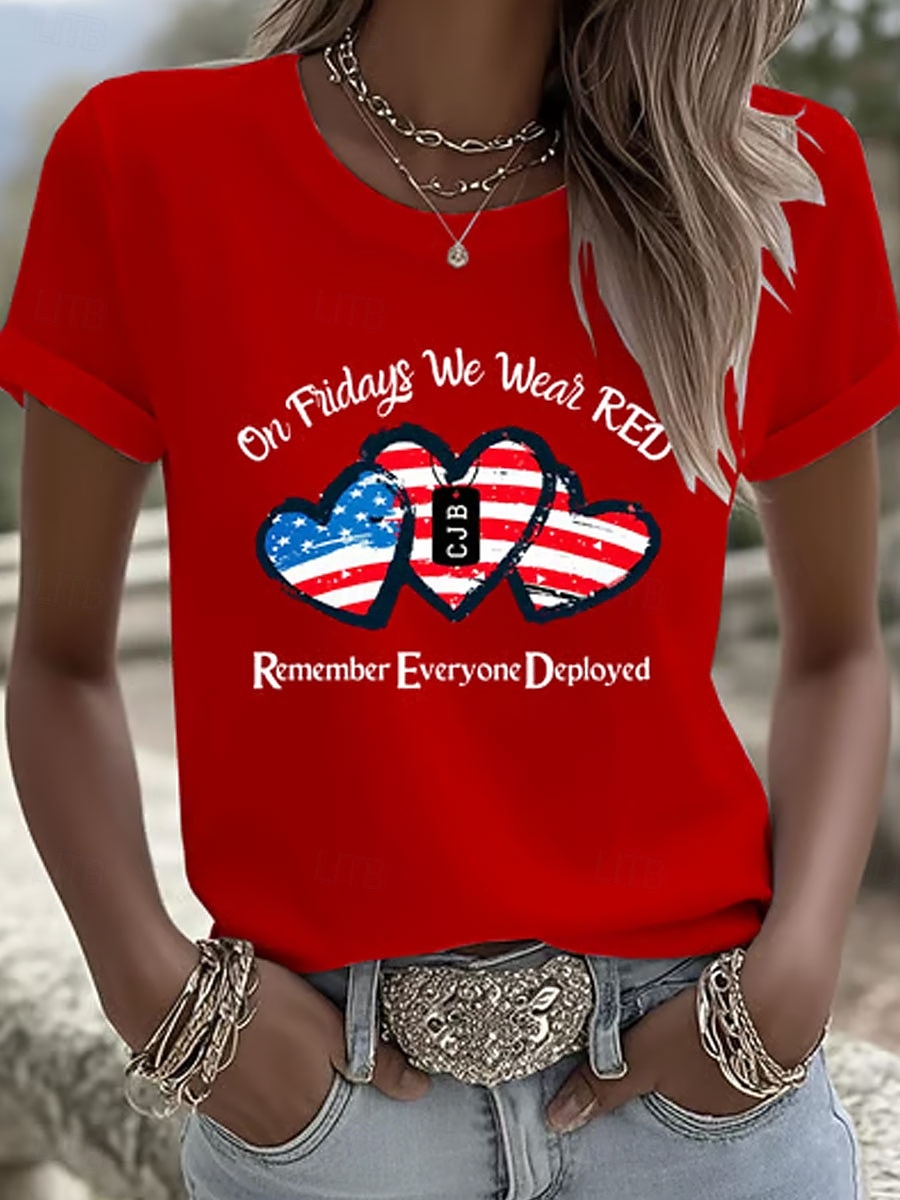 Camiseta Patriótica do Dia da Independência para Mulheres com Gráficos de Letra Vintage Estilosa Clássica de Manga Curta Decote Redondo Tops Regulares Diários de Fim de Semana Impressão Azul Branco de 2026 por $22.99 –P1