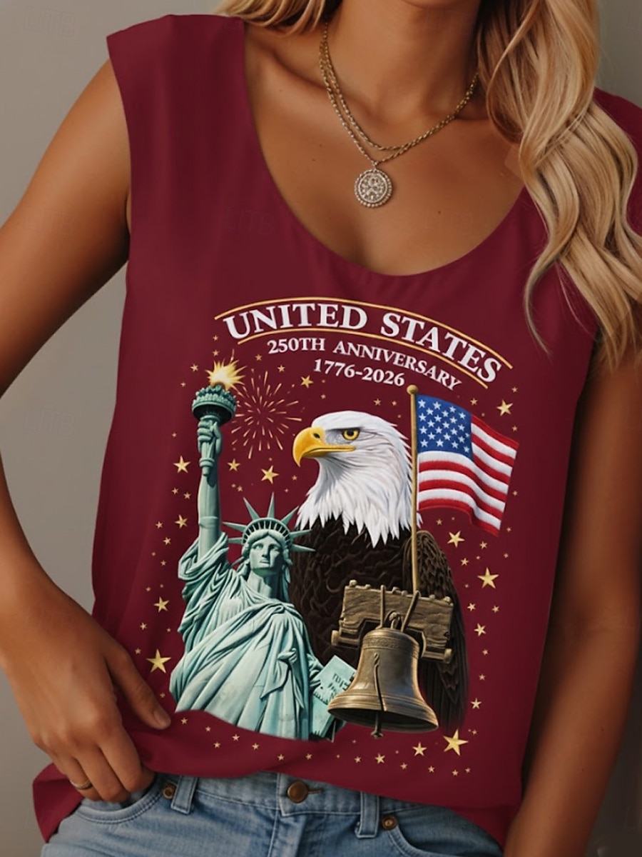 Unabhängigkeitstag Amerikanisches Jubiläum Patriotisches Damen T-Shirt Grafik Flagge Flagge Legere Ärmellos Rundhals Reguläre Tops Täglicher Druck Blau Schwarz Weiß Rot Sommer Frühling Betrunken 2026 - $19.99 –P4