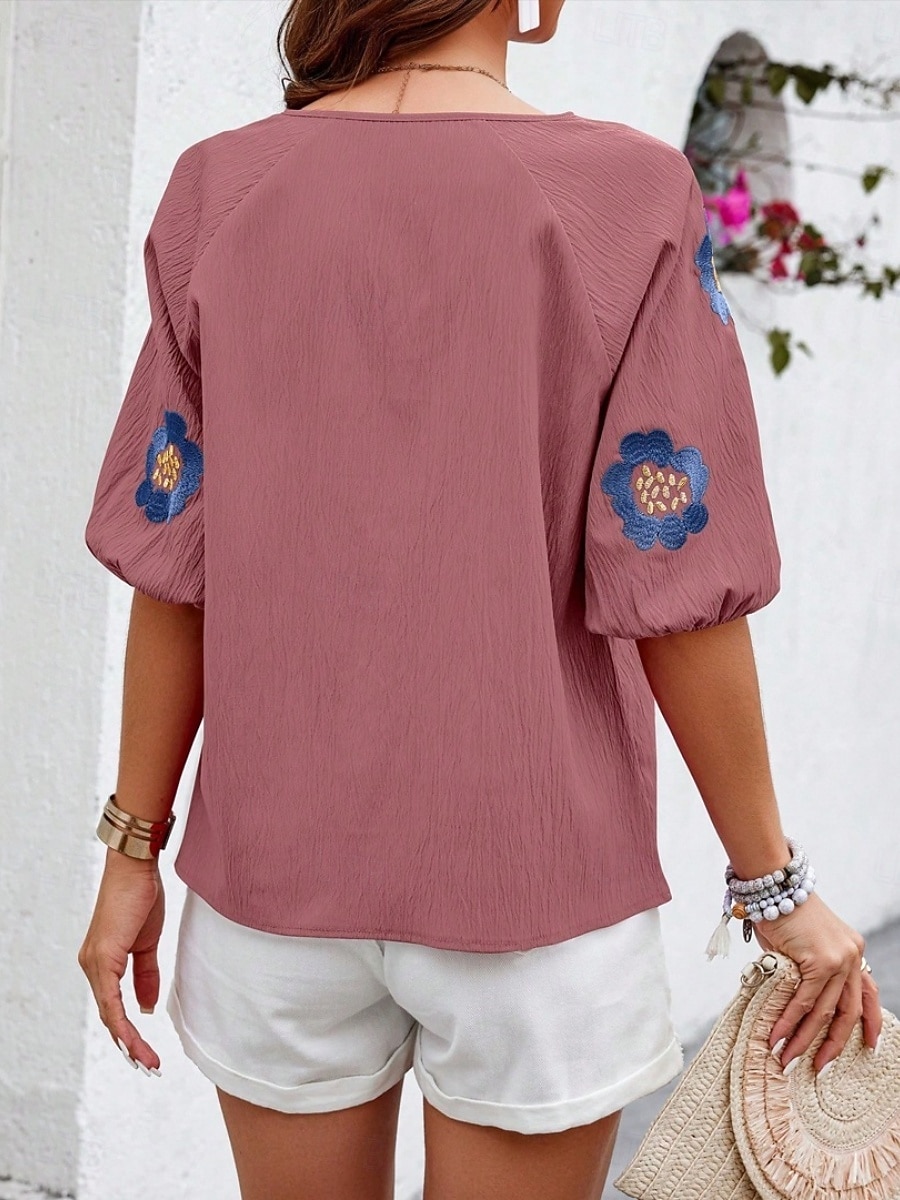 Damskie Koszula Popover Letnia koszula Codzienna koszula Bluzka Haft Kwiaty Urlop Elegancki Codzienny Rękaw 1/2 W serek Zwykłe topy Codzienny Plaża Święto Niebieski Rumiany róż Granatowy Morelowy 2026 - $28.99 –P13