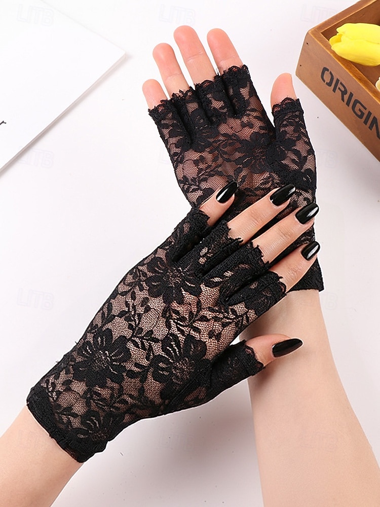 Luvas femininas sem dedos com renda, em poliéster, diversas cores, perfeitas para casamentos e festas. de 2026 por CLP $8877 –P5