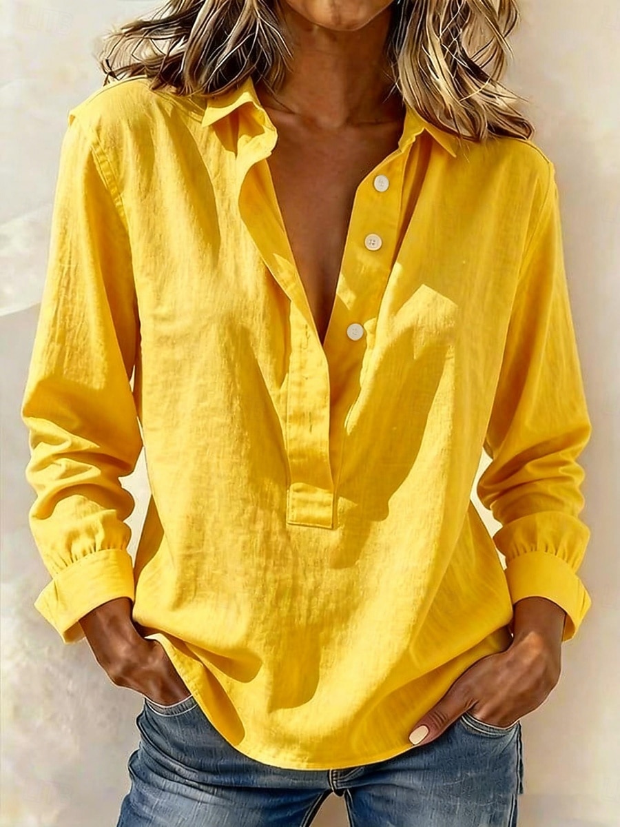 Dame Popover skjorte Sommerskjorte Uformell skjorte Bluse Knapper Helfarge Mote Fritid Langermet Aftæpning Vanlige topper Daglig Strand Ferie Blå Hvit Gul Rosa Grønn Vår Høst 2026 - $25.99 –P5