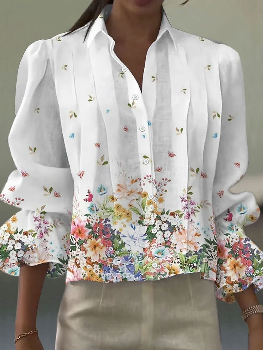 Mujer Camisa Volante Floral Graphic Elegante Bohemia Vintage Manga Larga Cuello Camisero Tops regulares Diario Trabajo Festivos Azul Piscina Blanco Naranja Beige Verano Primavera 2026 - $34.99 –P1