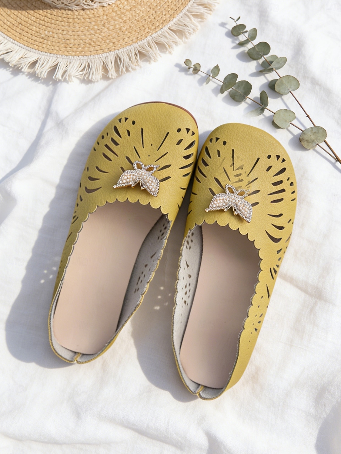 Women's Yellow Wide-Fit Mule Flats with Butterfly Rhinestone Detail, Stylish and Comfortable Slip-On Shoes for Daily Wear, Spring/Summer Outings, Casual Walks and Outdoor Activities 2026 - $18.99 –P1