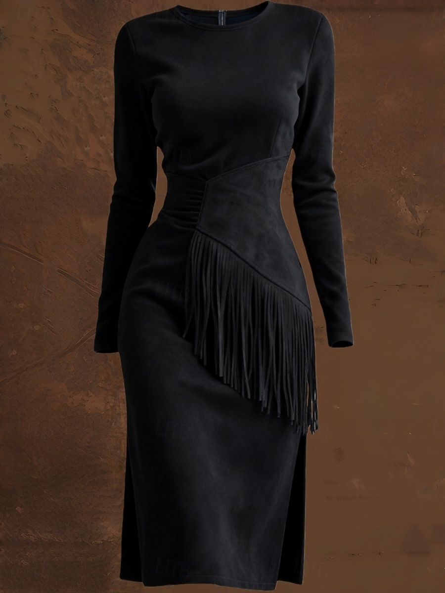 Damen Midikleid Langes Kleid Maxikleid Vintage-Kleid Kleid aus Wildlederimitat Vintage Mode Täglich Outdoor Urlaub Normale Passform Einfach Langarm Rundhalsausschnitt Schwarz Braun Aprikose Sommer 2026 - $34.99 –P8