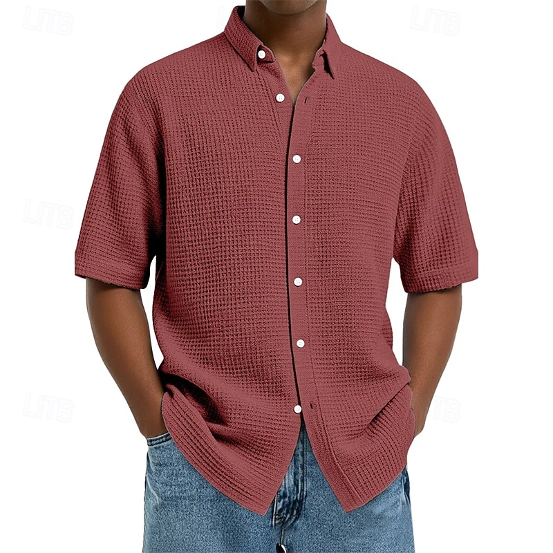 Homens Camisa Social Camisa Waffle Textura Camisa casual camisa de botão Vinho Azul Marinha Manga Curta Tecido Lapela Diário Streetwear Roupa Moda Moderno Casual Confortável de 2026 por $22.99 –P8