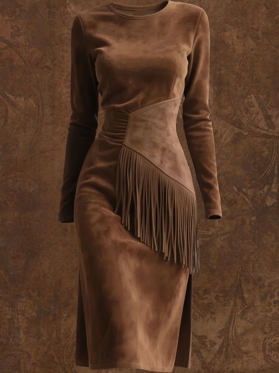 Damen Midikleid Langes Kleid Maxikleid Vintage-Kleid Kleid aus Wildlederimitat Vintage Mode Täglich Outdoor Urlaub Normale Passform Einfach Langarm Rundhalsausschnitt Schwarz Braun Aprikose Sommer 2026 - $34.99 –P1