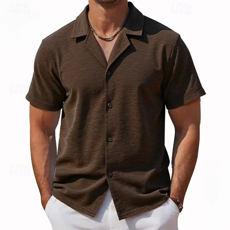 2026年 男性用 シャツ カジュアルシャツ ボタンアップシャツ バーガンディー アプリコット コーヒー 半袖 平織り キューバンカラー カジュアル 日常 衣類 エレガント ファッション カジュアル  コレクション – $31.99 –P2
