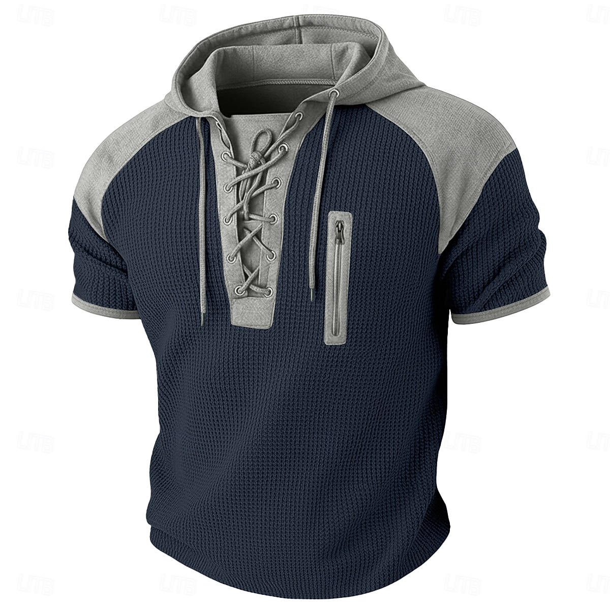 Herre Vaffel Henley-skjorte T-skjorte Kortermet Med hette Snøring i halsen Sommer Vår Alle årstider Helfarge Mote Designer Fritid Fargeblokk Avslappet Daglig utendørs Lyseblå Svart Vin Topp T-skjorte 2026 - $22.99 –P4