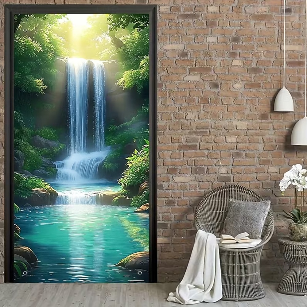 Tenda da ingresso con vista realistica della natura, da appendere alla parete per l'ingresso del portico, con banner per porta da giardino giapponese in 3D, scena con cascata e laghetto koi. del 2026 a $17.99 –P6