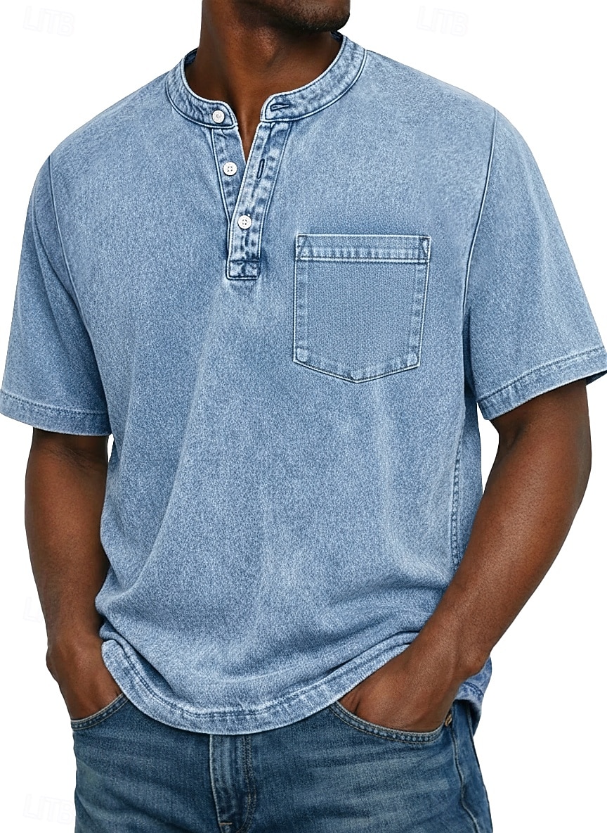 Herre Henly-skjorte 100% bomullssyre-vaskeskjorte T-skjorte T-skjorte Kortermet Ensfarget Retro / vintage Fritid Lomme Gammeldags stil Vasket Henley Avslappet Sommer Vår Høst Svart Rosa Lysegrønn 2026 - $31.99 –P2