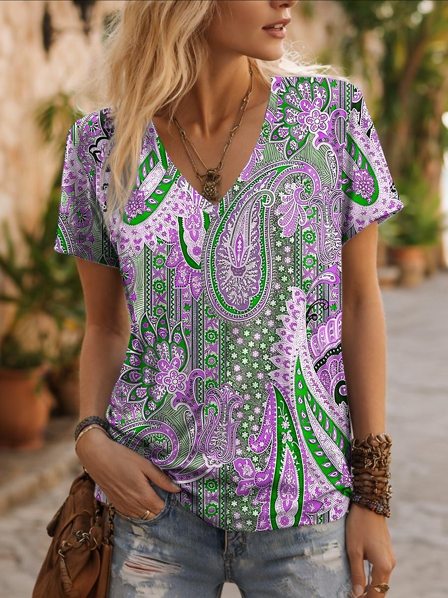 Γυναικεία Μπλουζάκι Στάμπα Γραφική Λαχούρι Βίντατζ Στυλάτο Καθημερινό Κοντομάνικο Λαιμόκοψη V Κανονικά μπλουζάκια Καθημερινά Θαλασσί Κίτρινο Βυσσινί Καλοκαίρι Άνοιξη 2026 - $21.99 –P3