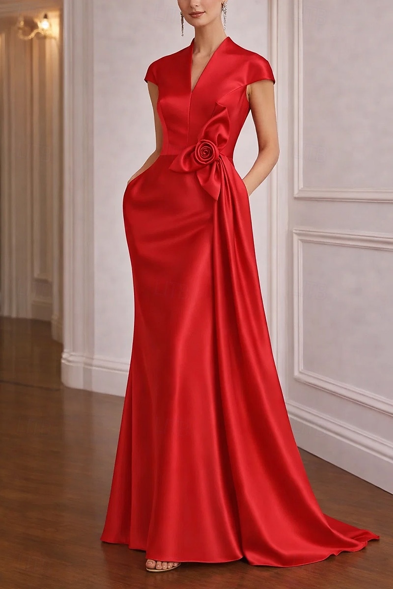 Abito da ballo Strascico a Terra Abito da Sera Abito da ballo con sopragonna Elegante Manica a Cappuccio Scollo a V Matrimonio Formale Raso Elasticizzato con Fiori 3D Pieghe del 2026 a $182.99 –P4