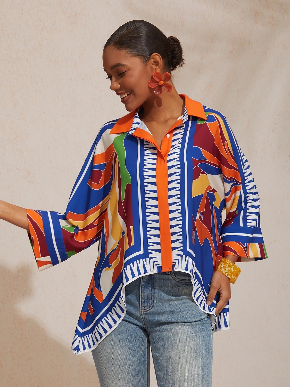 camicia corta in raso con maniche a pipistrello e stampa geometrica a blocchi di colore per le vacanze del 2026 a $67.99 –P8