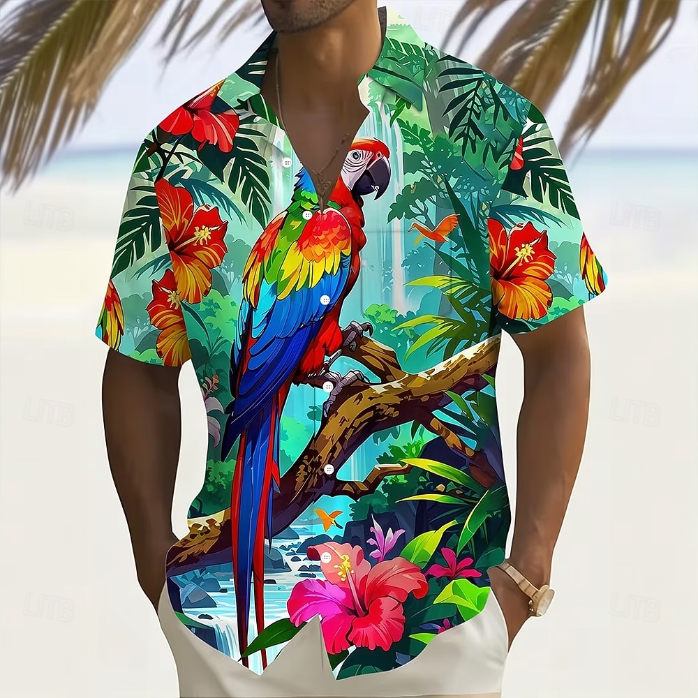 Homme Perroquet Plantes Tropicales Fleurs Chemise hawaïenne Chemise Boutonnée Chemise Aloha Manche Courte Hawaïen Vacances Été Printemps Col Rabattu Impression 3D chemises à col Une poche avant Bleu de 2026 ? $25.99 –P2