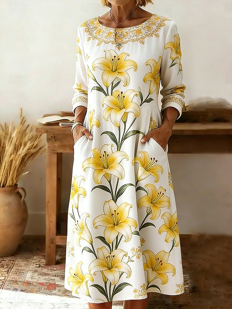 Damen Midikleid Etui-Kleid T-Shirt-Kleid Urlaub Lässig Boho Ferien Date Normale Passform Blumen Grafik Langarm Rundhalsausschnitt Weiß Gelb Rosa Orange Sommer Frühling 2026 - $32.99 –P3