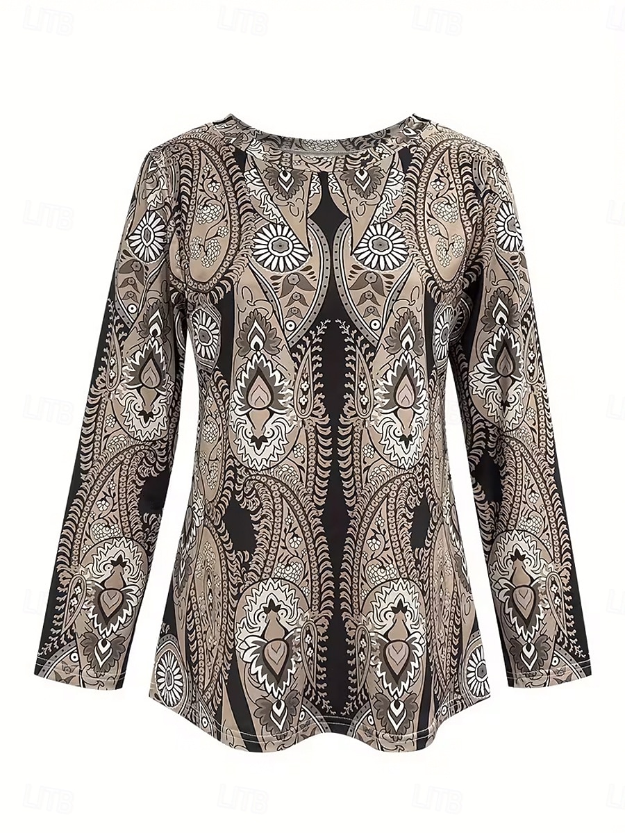 Damen T Shirt Druck Grafik Paisley-Muster Elegant Mode Lässig Langarm Rundhalsausschnitt Rundhals Lange Oberteile Täglich Wochenende Braun Sommer Frühling Herbst 2026 - $24.99 –P2
