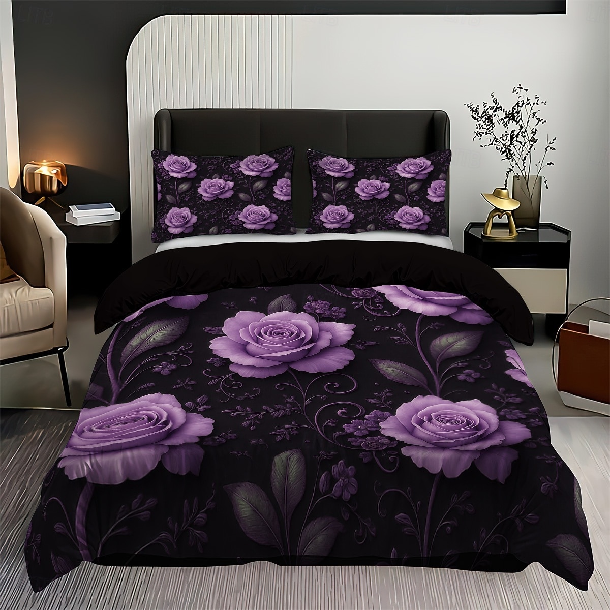 Juego de funda nórdica con estampado de flores y mariposas de rosas moradas, juego de cama estilo hotel con 1 funda nórdica y 2 fundas de almohada, tela de felpa suave, no incluye edredón. 2026 - $44.99 –P4