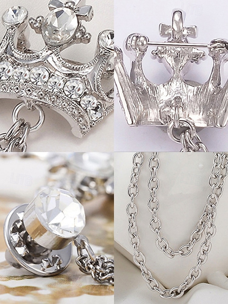 Pánská klopová brože s korunkou a řetízkem, materiál slitina, dostupné ve zlaté a stříbrné barvě, ideální pro svatby a večírky 2026 - $7.99 –P7