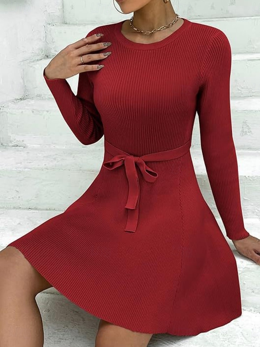 Dam Mini klänning Vit klänning Sweat Klänning Elegant Mode Modern Utomhus Semester Utekväll Smal Slät Långärmad Rund hals Vit Vinröd Marinblå Mörkgrön Vår Höst 2026 - $34.99 –P19
