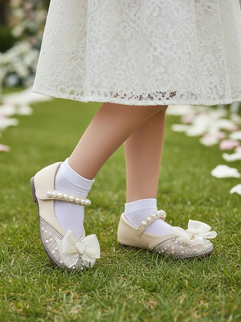 Barnesko med perlebånd og sløyfe til blomsterpiker med strass-tå, elegante prinsessesko til små jenter i kunstskinn, komfortable brudesko med lav hæl, perfekte for blomsterpiker 2026 - $24.99 –P4