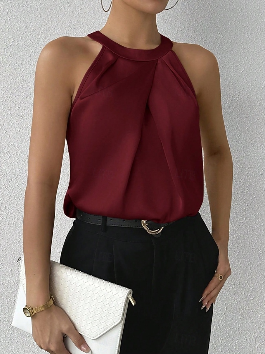 Damskie Elegancki Top satynowy Satynowa koszula Koszula obozowa Z marszczeniami Jednokolorowe Elegancki Podstawowy Codzienny Bez rękawów Kantarka Zwykłe topy Codzienny Święto Wyjściowe Czarny Biały 2026 - $25.99 –P19