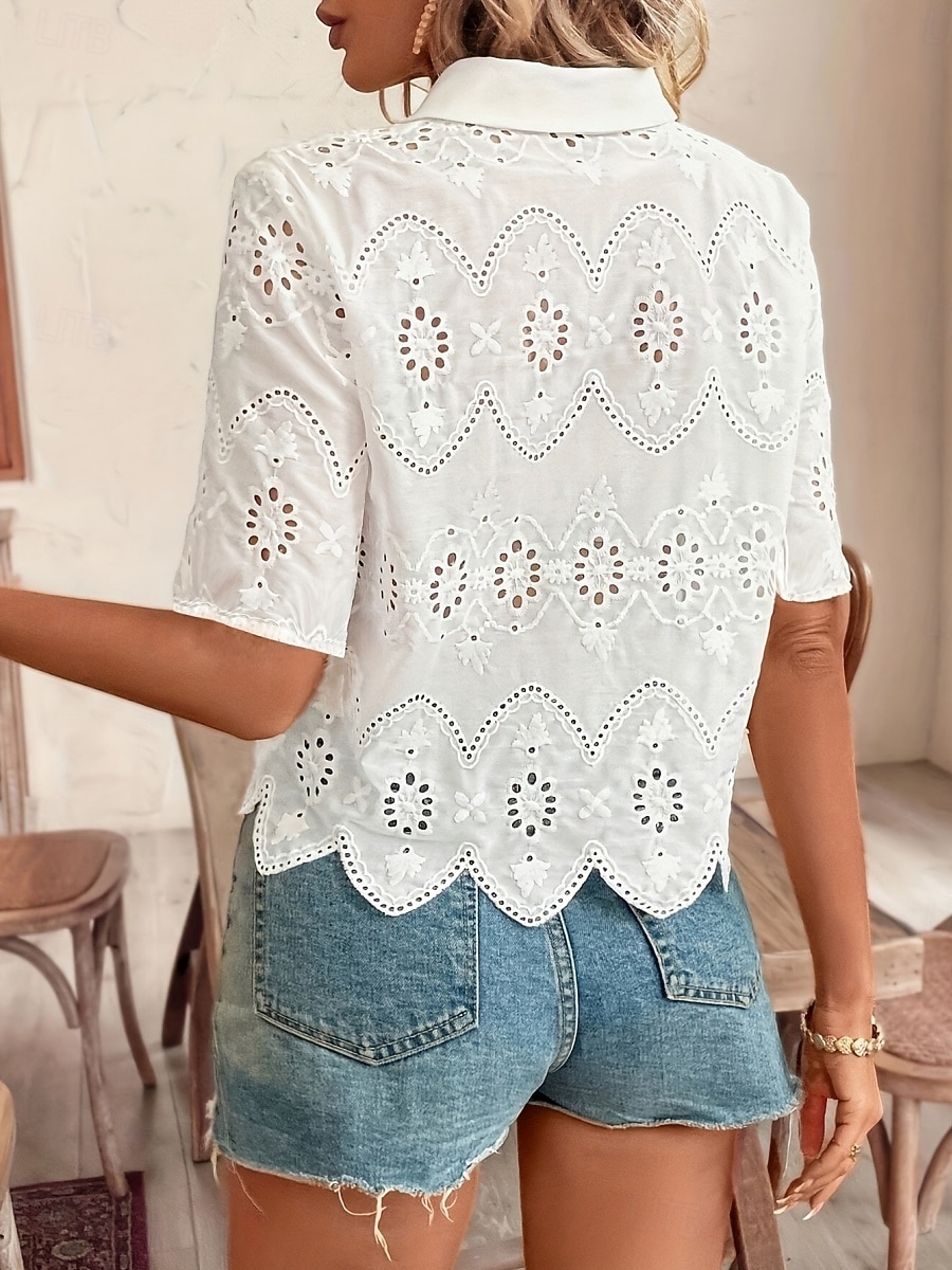 Dames Blouse Vetergat Effen Kleur Stijlvol Casual Korte mouw Overhemdkraag Normale tops Dagelijks Wit Zomer Lente Herfst 2026 - $33.99 –P5