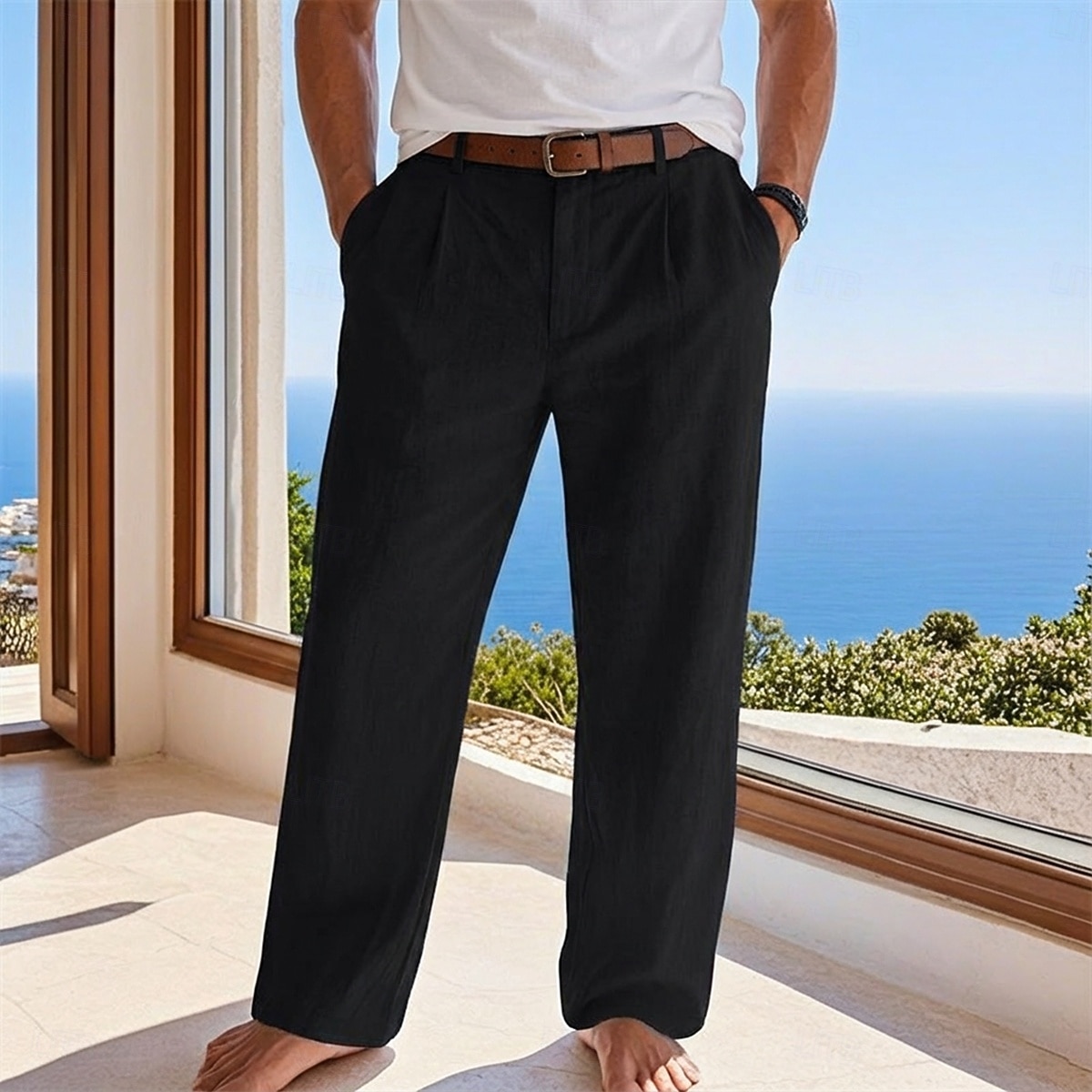 Herr Byxor av linne i bomull Långbyxor Sommarbyxor Säckiga byxor Strandbyxor Ficka Ensfärgat Komfort Andningsfunktion Fullängd Ledigt Dagligen Utomhus Semester Mode Blå Svart Oelastisk 2026 - $27.99 –P9