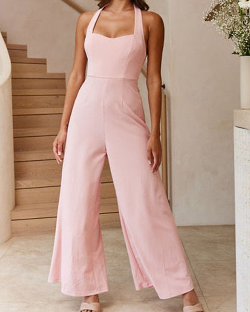 Dame Normal Kjeledresser Elegant Helfarge Ermeløs Bred Bukseben Grimehals Åpen rygg Daglig Feriereise Løstsittende Hvit Lysegrønn Rosa Sommer 2026 - $29.99 –P9