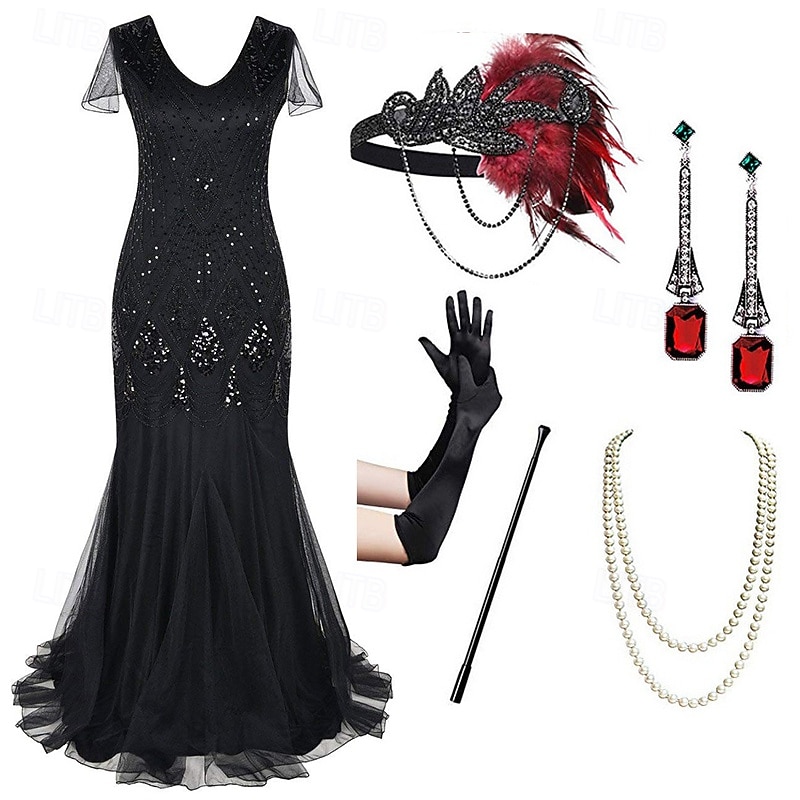 Ретро Бурные 20-е 1920-е годы В пол Платья Инвентарь Коктейльные платья  Короткие рукава Великий Гэтсби Свадебный гость Пайетки V-образный вырез Маскарадный костюм Жен. 2026 - $79.99 –P9