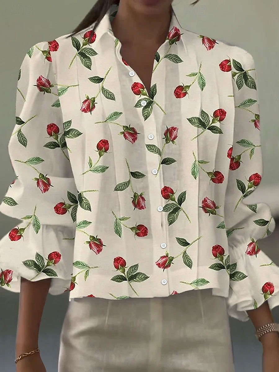 Mujer Camisa Volante Floral Graphic Elegante Bohemia Vintage Manga Larga Cuello Camisero Tops regulares Diario Trabajo Festivos Azul Piscina Blanco Naranja Beige Verano Primavera 2026 - $34.99 –P2
