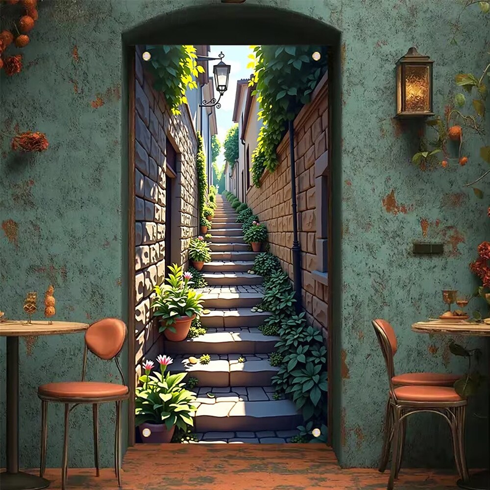 Bannière 3D représentant une vieille ruelle, des escaliers en pierre, une vue de rue méditerranéenne, un rideau de porte réaliste et pittoresque, idéal pour la décoration de votre porte d'entrée. de 2026 ? $17.99 –P4