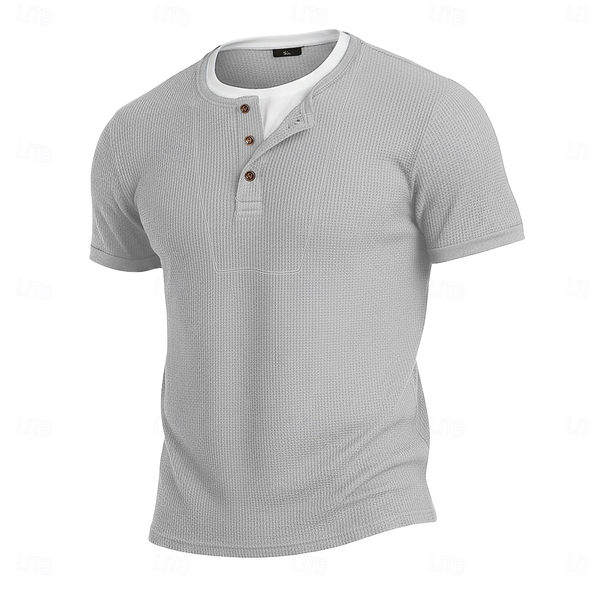 Men's Waffle Henley Shirt Tee Cotton Blend T-Shirt Short Sleeve Crew Neck Henley Summer Spring All Seasons Color Block Plain Textured Fashion Designer Casual Color Block Buttons Fake two piece Casual 2026 - $20.99 –P5