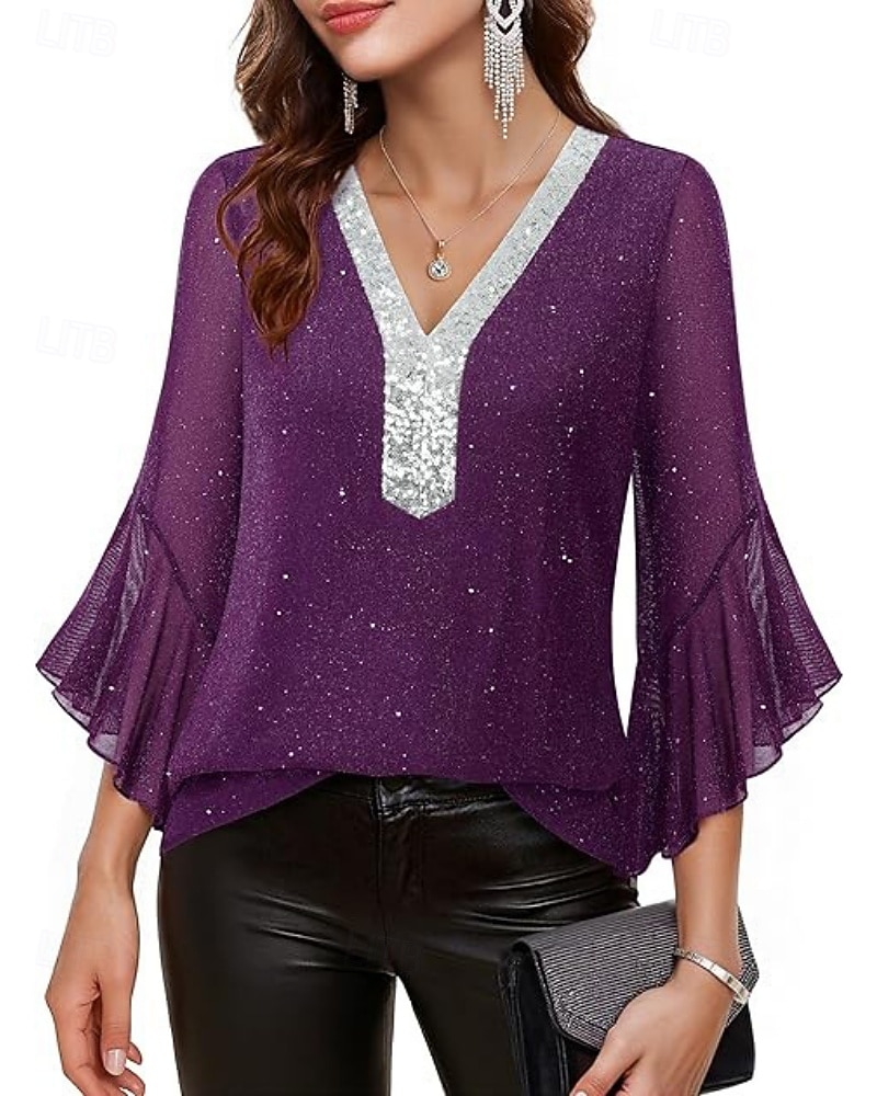Mulheres Blusa Tops de lantejoulas Patchwork Bloco de cor à moda Moderno Manga 3/4 Sino Decote V Tops regulares Diário Feriado Para Noite Azul Preto Vermelho Verde Verão Primavera de 2026 por $31.99 –P18