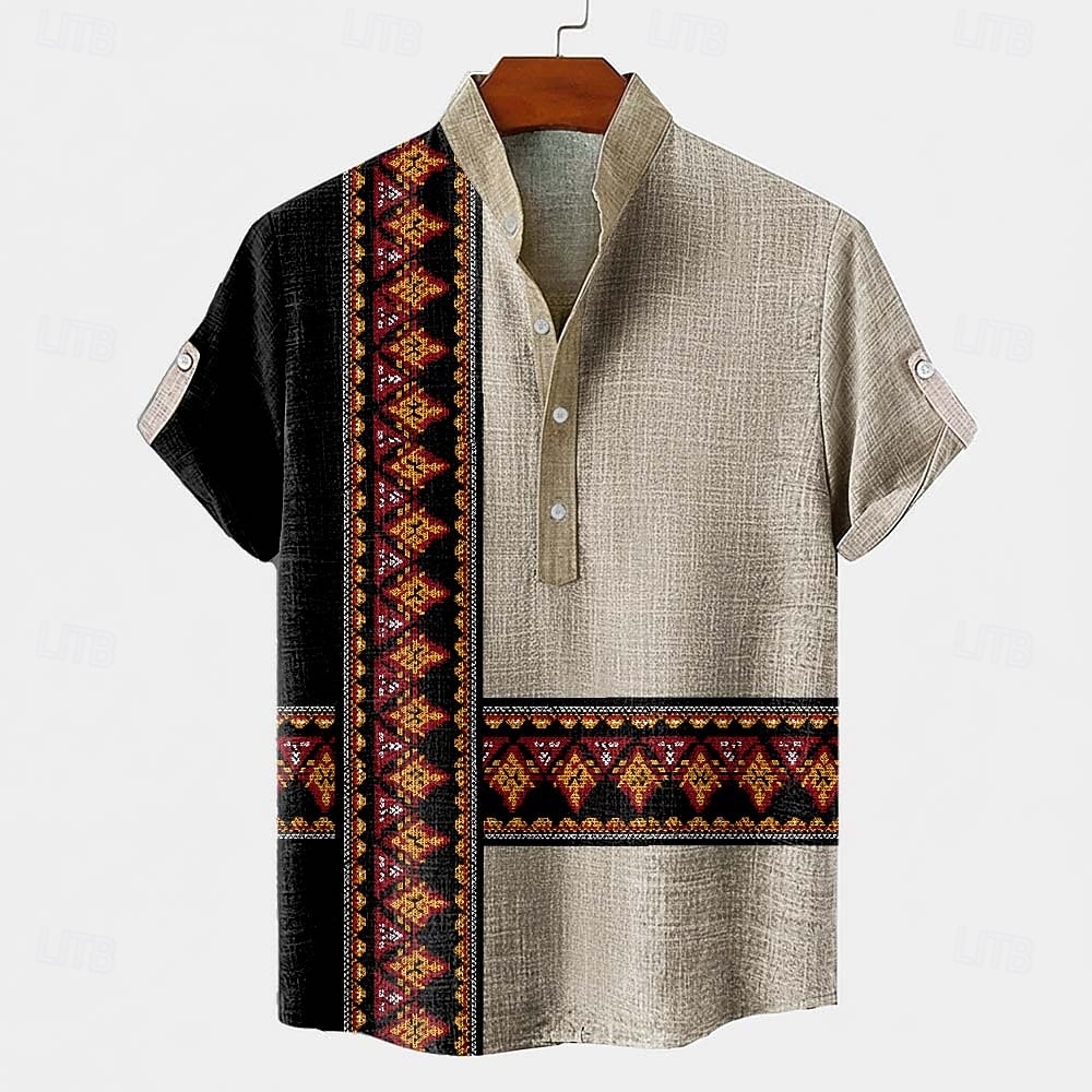 Męskie Wzór geometryczny Etnické Koszula Koszula zapinana na guziki Krótki rękaw Vintage Retro Święto Codzienne Lato Wiosna Stójka Kołnierz Henley Druk 3D Koszula z lnu Ciemny khaki Zielony Khaki 2026 - $25.99 –P1