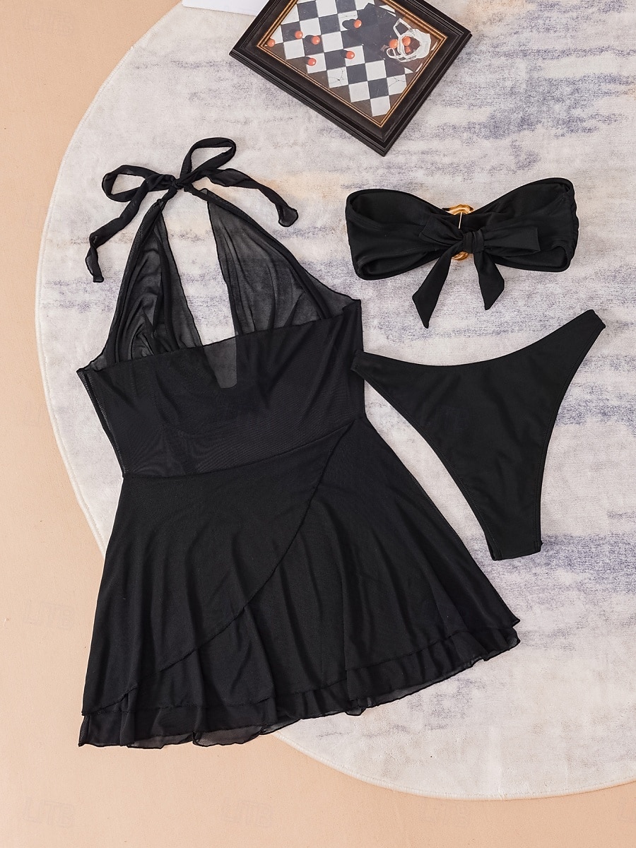 Жен. Купальники Бикини Накидка Три части Смелые купальник Хальтер Тонкие Открытая спина Элегантный стиль Отпуск Сплошной цвет НАЙКА НЕКО Без рукавов Купальники 2026 - $29.99 –P10