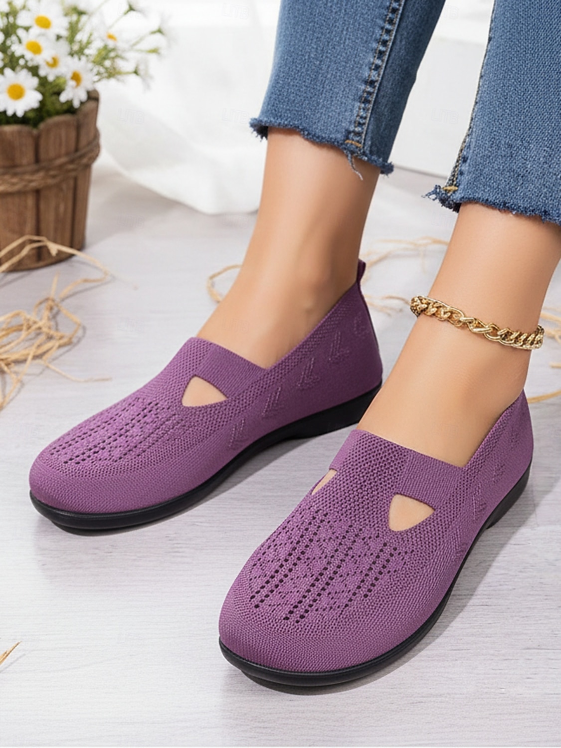 Paarse, ademende gebreide ballerina's voor dames met een brede pasvorm – lichtgewicht, elastische instapschoenen, minimalistische casual stijl voor wandelen, werk, reizen en dagelijks comfort. 2026 - $24.99 –P5